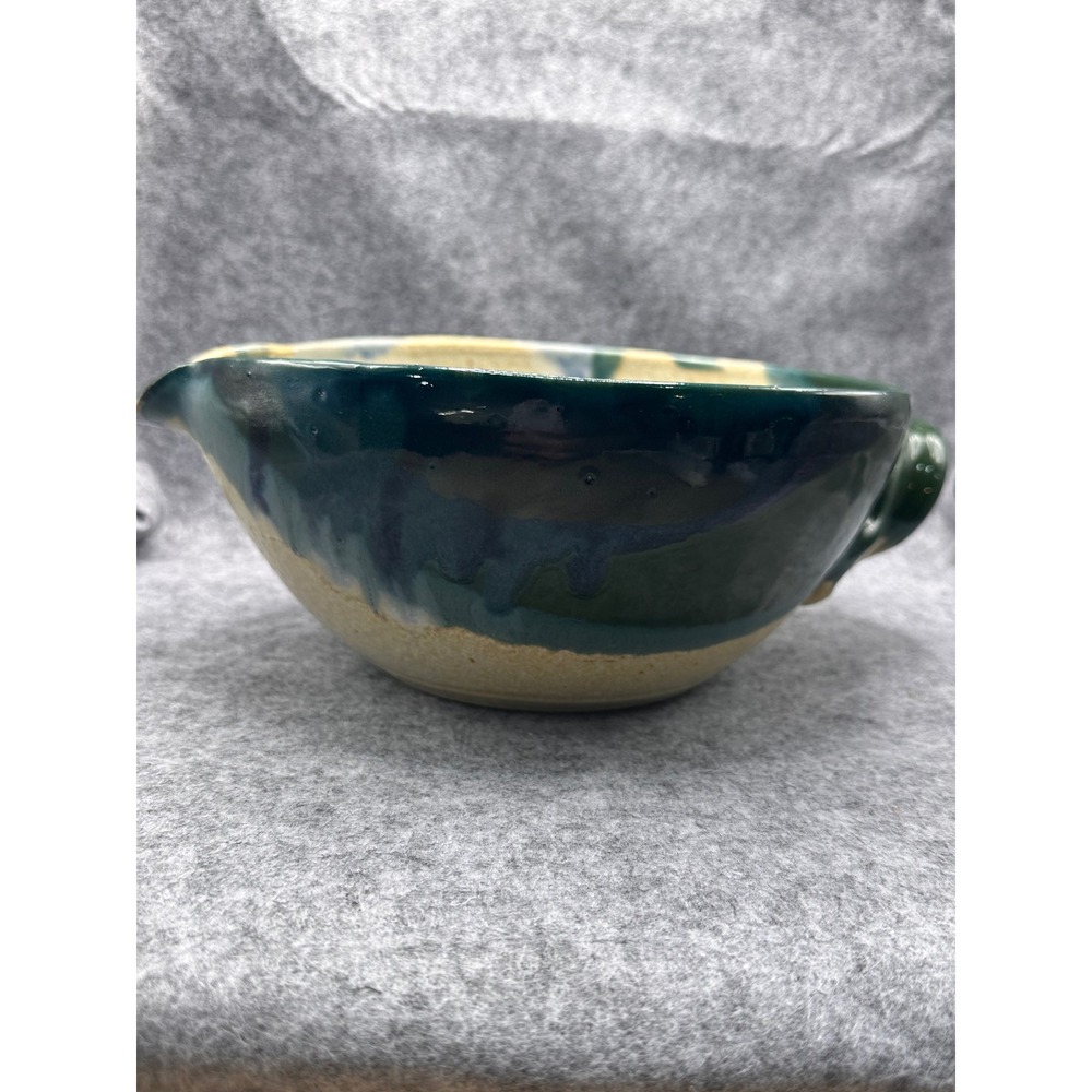 Handmade Studio Pottery Batter Bowl Green Blue Drip Glaze Signed Spout Handle